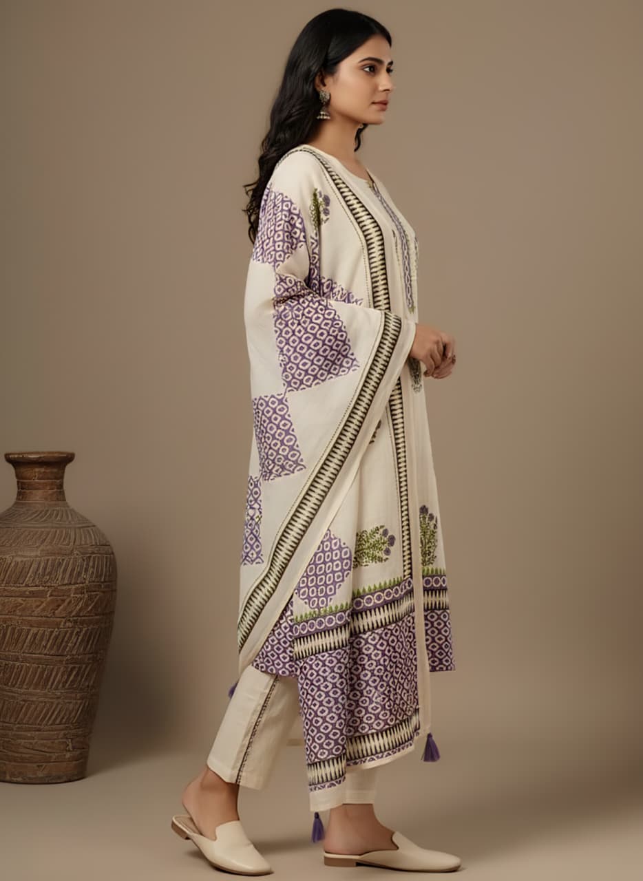 Ivory & Lavender Cotton Salwar Suit Set