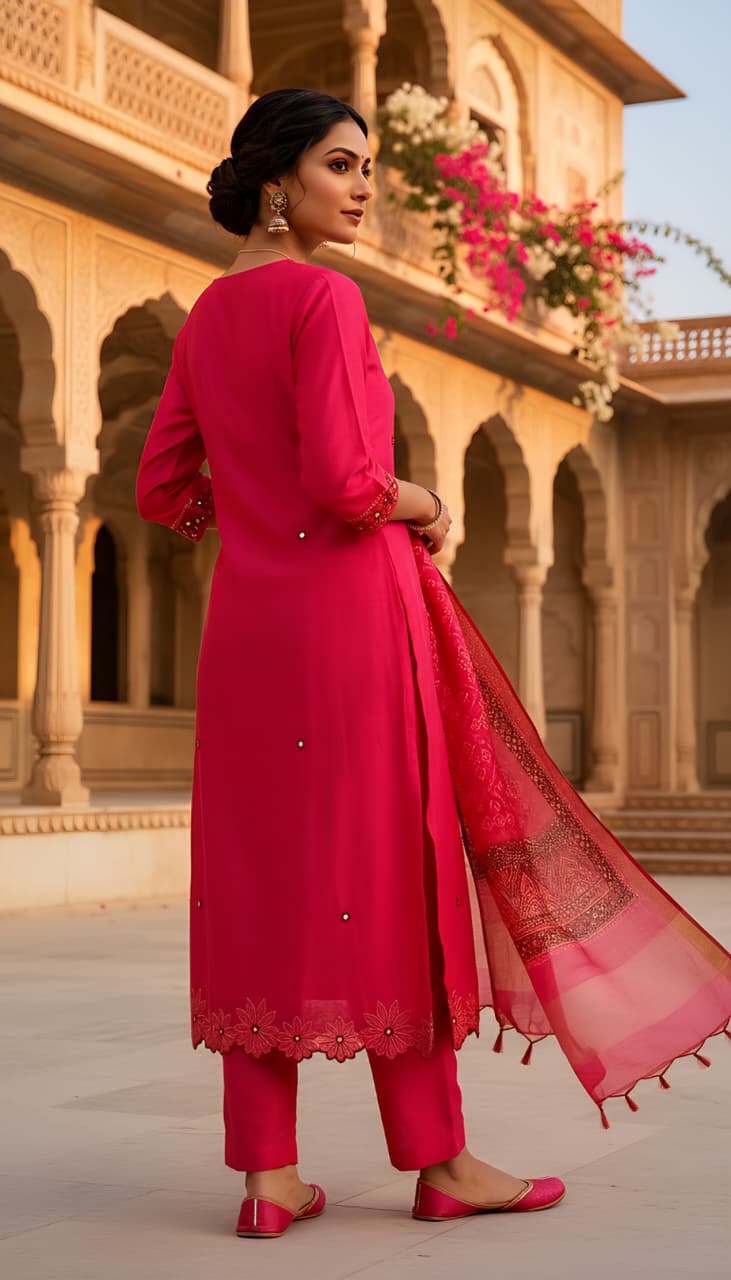 Fuchsia Silk Blend Straight Kurta Set with Mirror-Work Yoke & Bandhani Dupatta