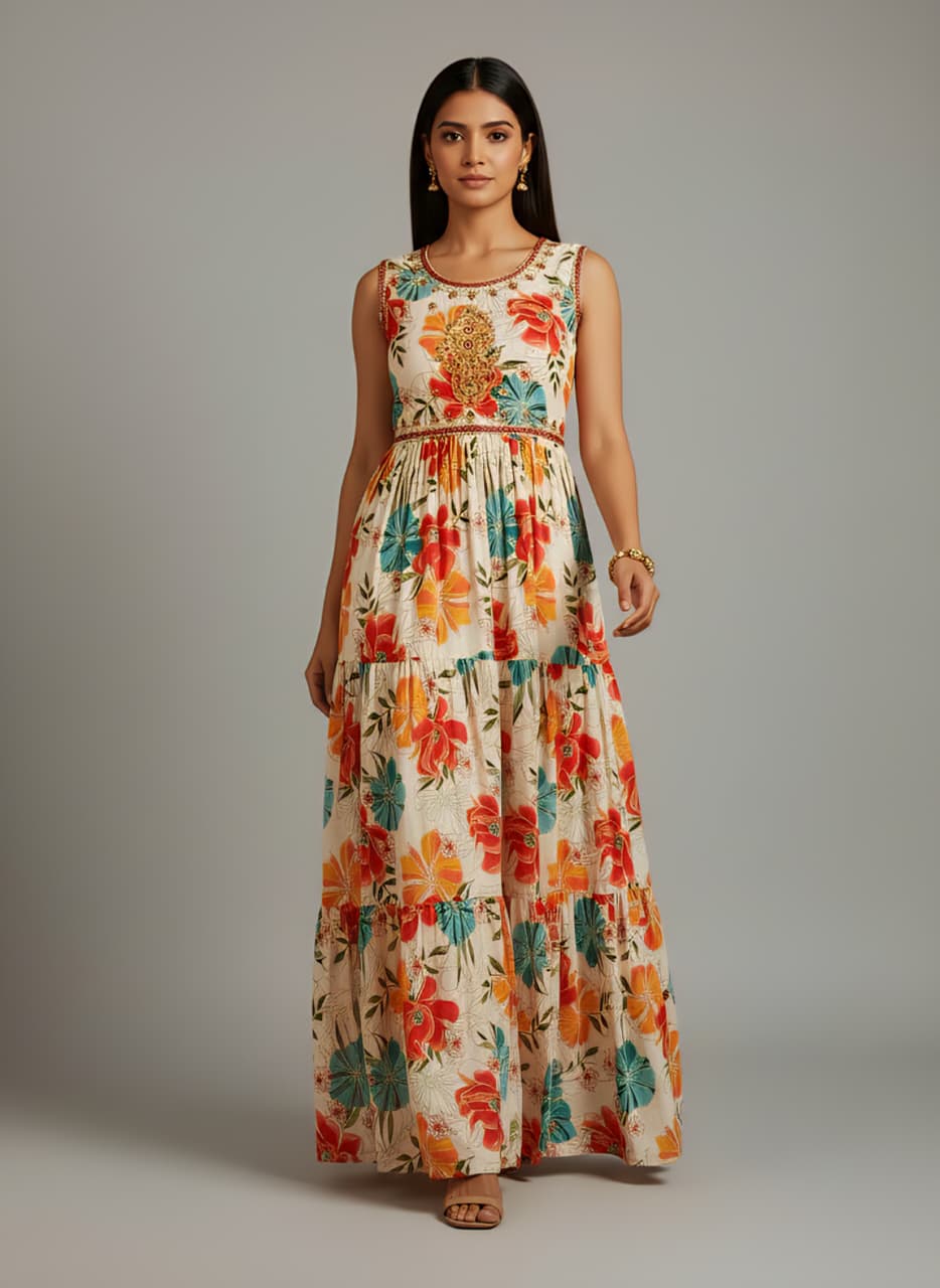Ivory Floral Tiered Gown