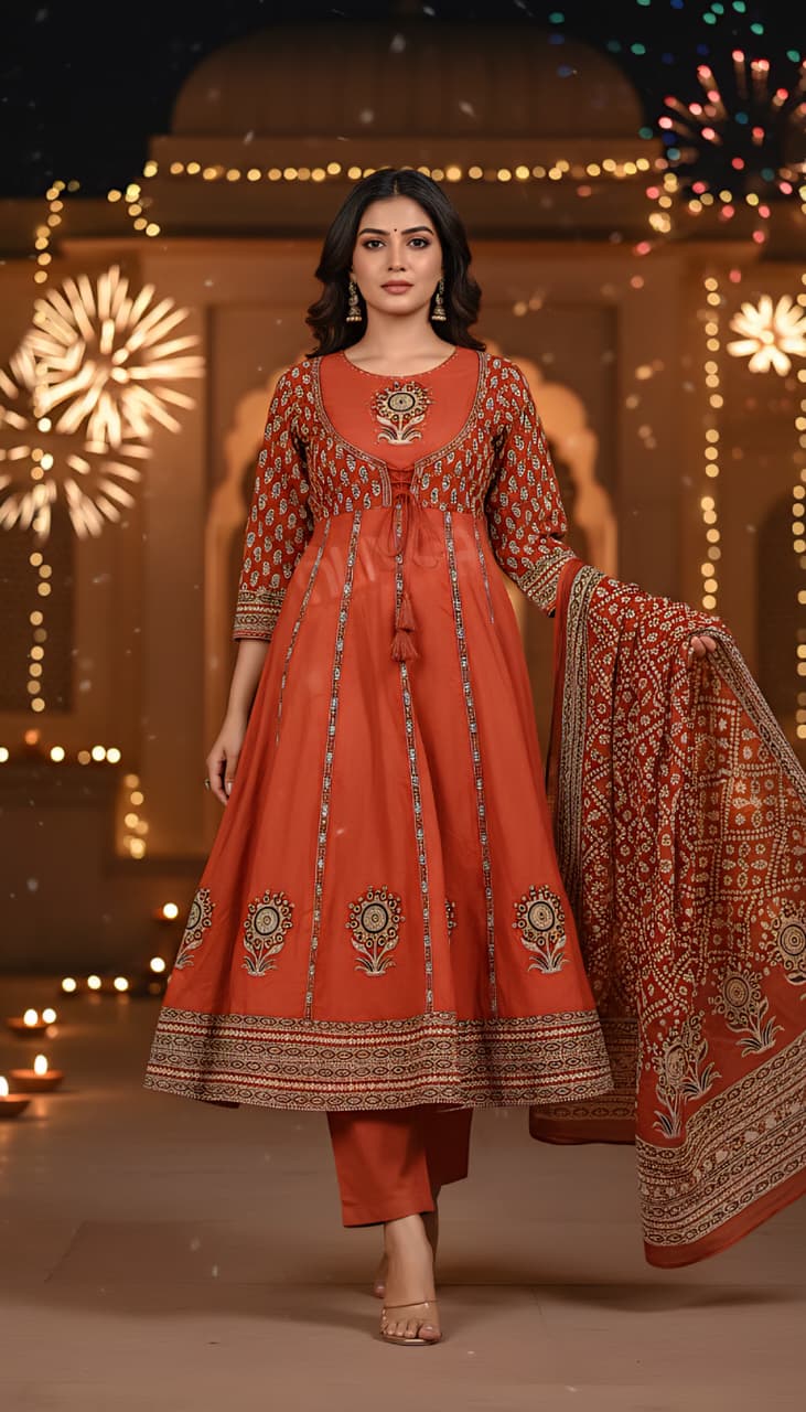 Rust Orange Embroidered Angrakha Style Anarkali Set with Bandhani Print Dupatta