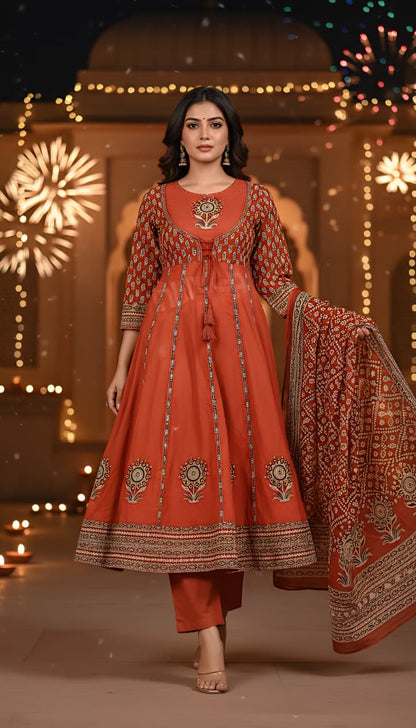 Rust Orange Embroidered Angrakha Style Anarkali Set with Bandhani Print Dupatta