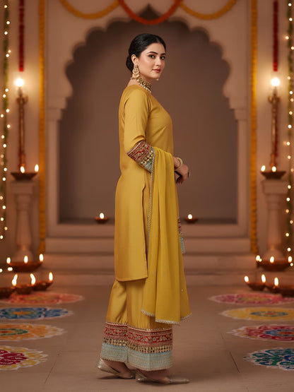 Radiant Mustard Yellow Embroidered Palazzo Suit Set