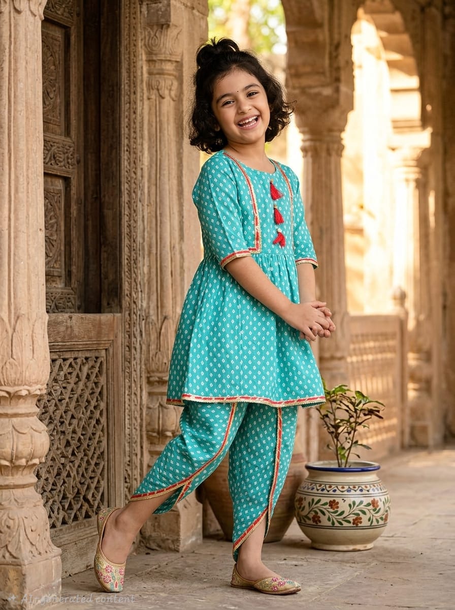 Premium Cotton Kurta & Dhoti Pant Set for Girls – Turquoise Ethnic Wear