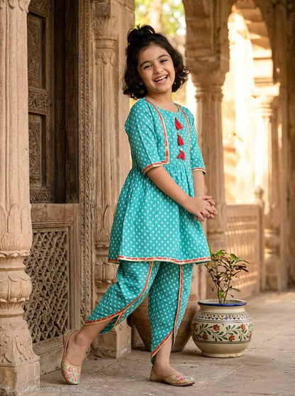 Premium Cotton Kurta & Dhoti Pant Set for Girls – Turquoise Ethnic Wear