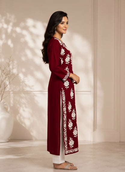 Lucknowi Chikankari Kurti for Women | Maroon Cotton Hand-Embroidered Floral Long Kurti (Copy)