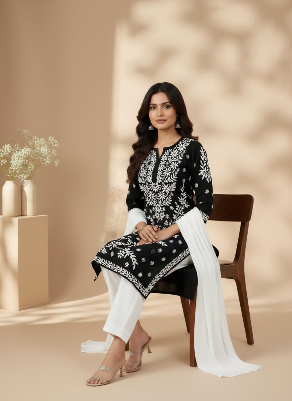 Lucknowi Chikankari Kurti for Women | Black Cotton Hand-Embroidered Floral Long Kurti