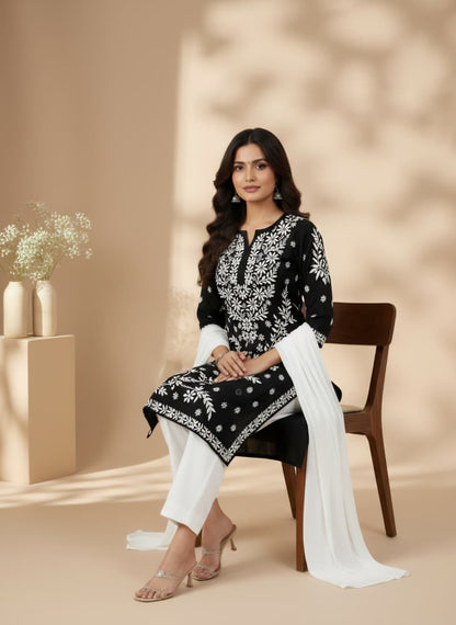 Lucknowi Chikankari Kurti for Women | Black Cotton Hand-Embroidered Floral Long Kurti