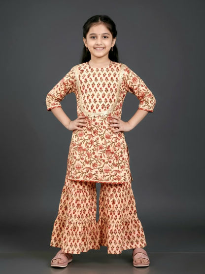 Girls Floral Printed Kurta with Sharara Set | Premium Cotton Ethnic Wear | Beige & Rust
