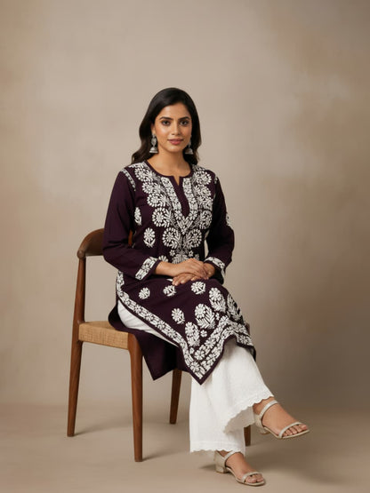 Lucknowi Chikankari Kurti for Women | Dark Brown Cotton Hand-Embroidered Floral Long Kurti