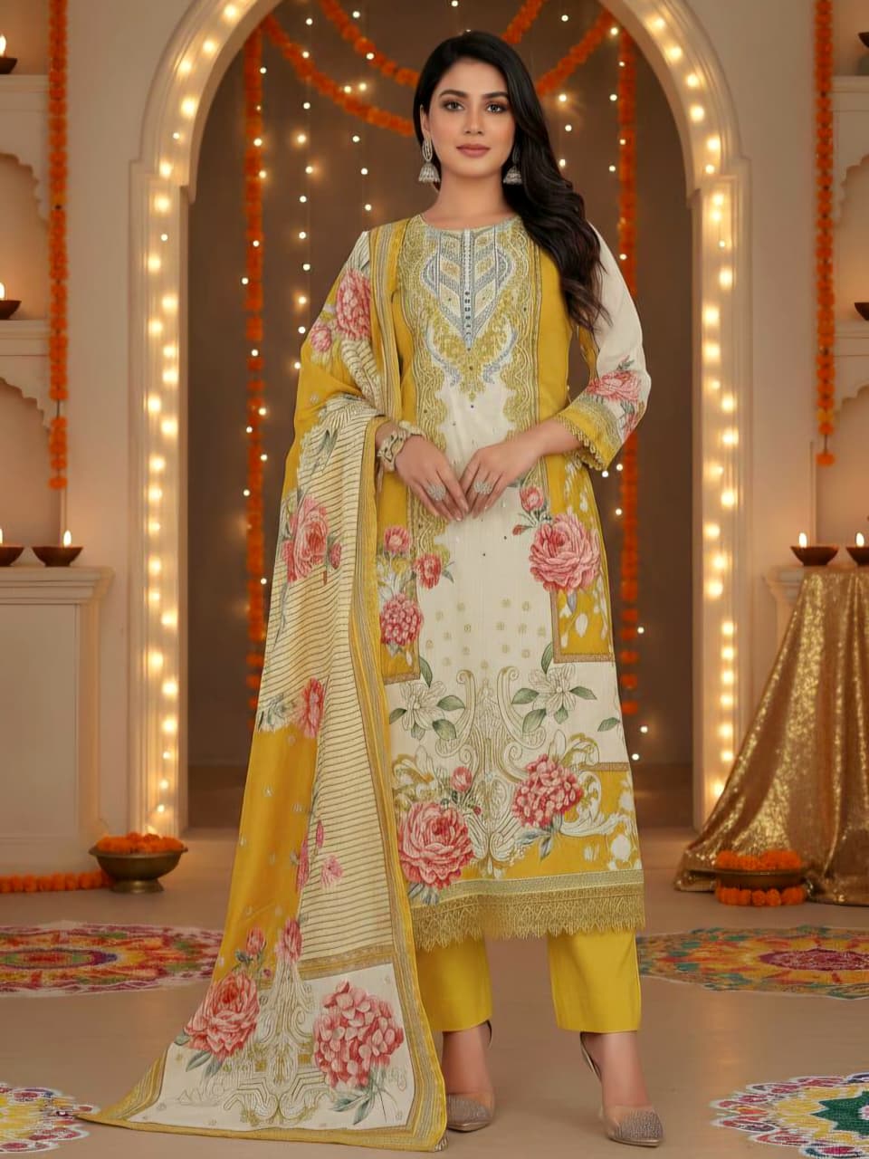 Elegant Floral Mustard & Cream Three-Piece Suit