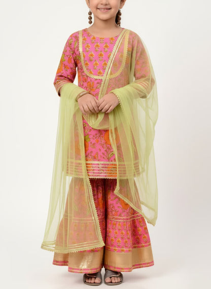 Girls Pink Floral Printed Lehenga Choli with Dupatta | Festive Ethnic Wear