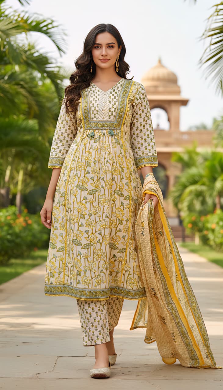 Elegant Floral Printed Cotton Anarkali Kurta Set with Trousers & Dupatta