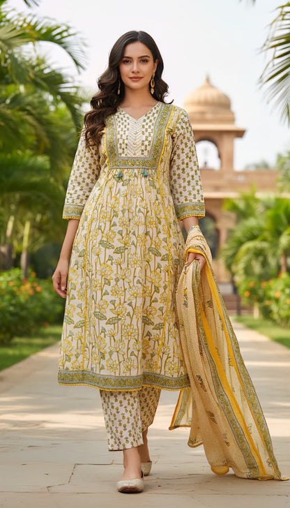 Elegant Floral Printed Cotton Anarkali Kurta Set with Trousers & Dupatta