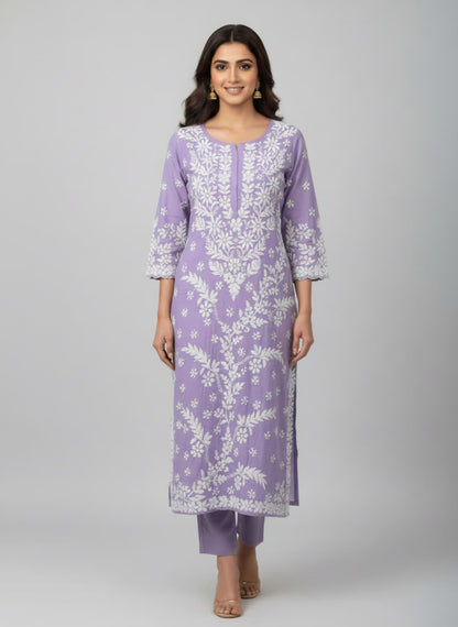 Lucknowi Chikankari Kurti for Women | Lavender Cotton Hand-Embroidered Floral Long Kurti (Copy) (Copy) (Copy)