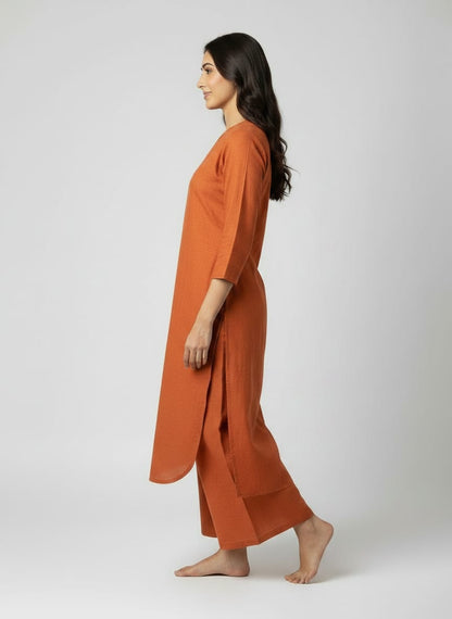 Rust Orange Linen Co-ord Set for Women | Straight Kurta & Wide-Leg Pants