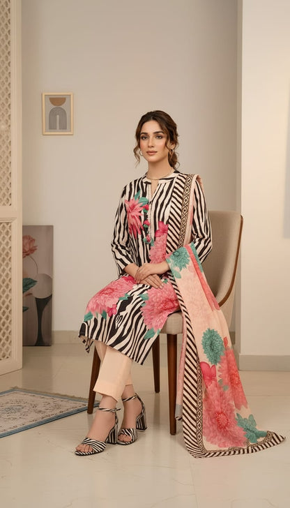 Black and Cream Zebra Print Kurta Set with Floral Motifs