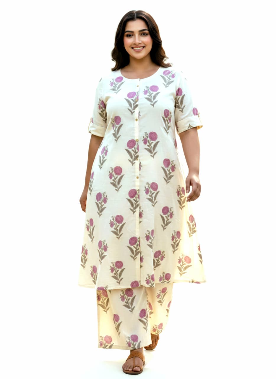 Ivory Floral Printed Cotton Plus Size Co-Ord Set for Women | 3XL-6XL