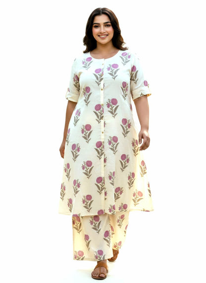 Ivory Floral Printed Cotton Plus Size Co-Ord Set for Women | 3XL-6XL