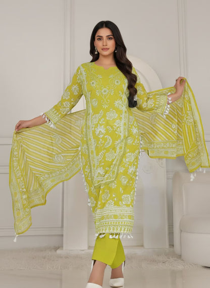 Vibrant Lime Green Embroidered Kurti Set with Dupatta