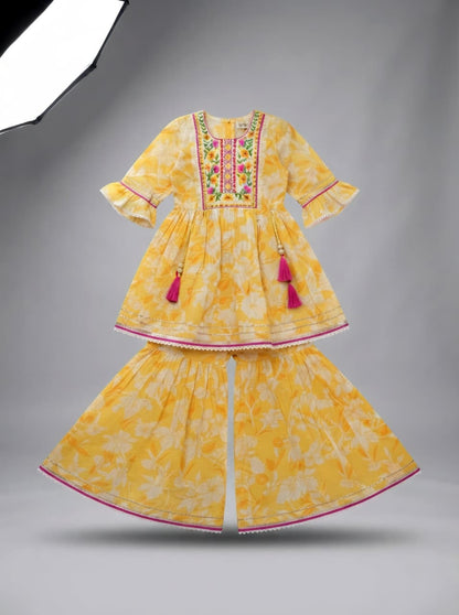 Girls Yellow Floral Kurta Sharara Set | Festive Ethnic Wear