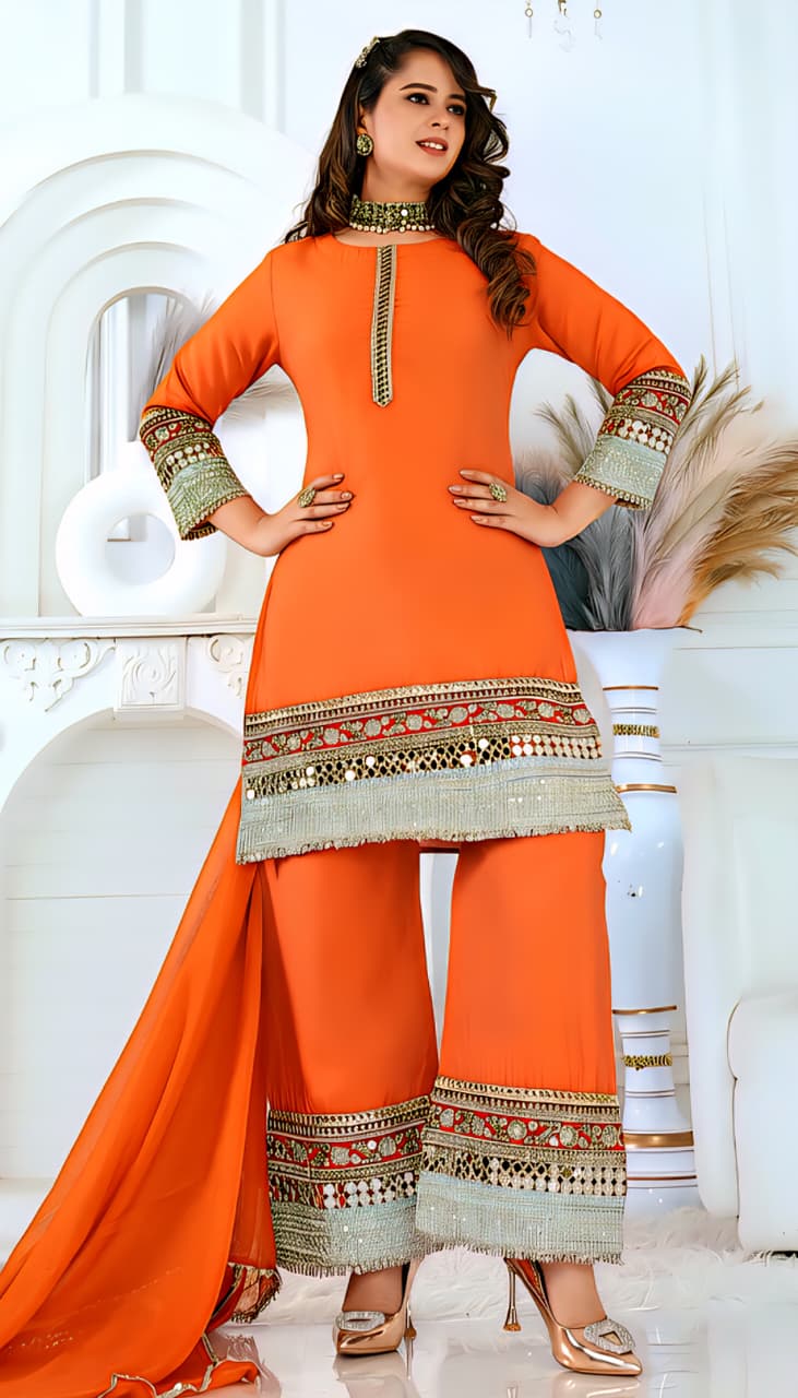 Orange Embroidered Straight Kurta Set with Palazzo