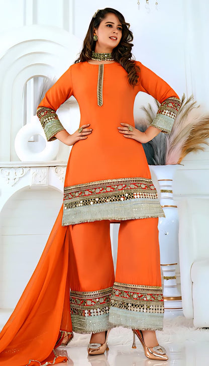 Orange Embroidered Straight Kurta Set with Palazzo