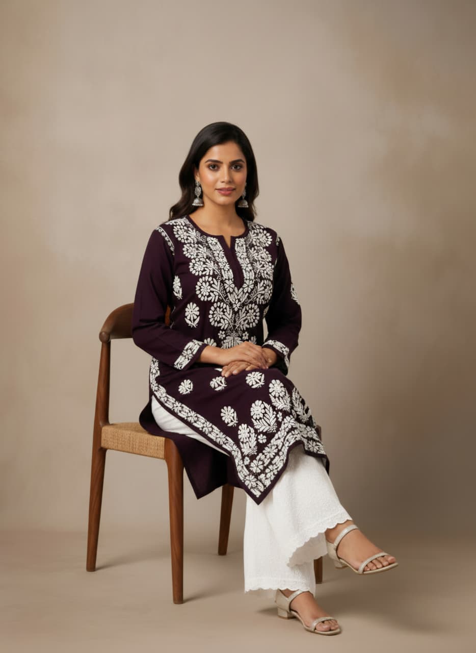 Lucknowi Chikankari Kurti for Women | Brown Cotton Hand-Embroidered Floral Long Kurti