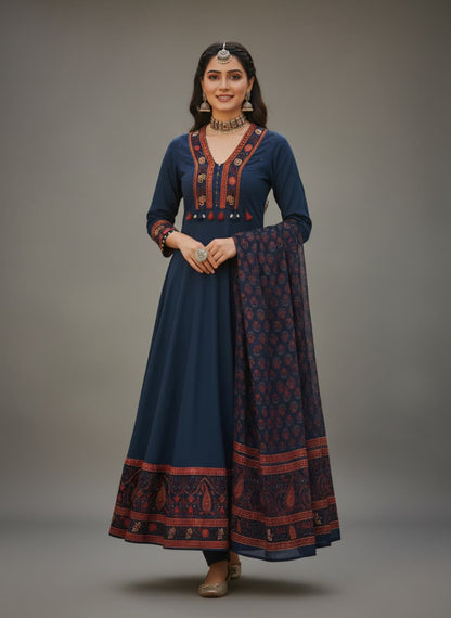 Royal Navy Blue Embroidered Anarkali Suit Set
