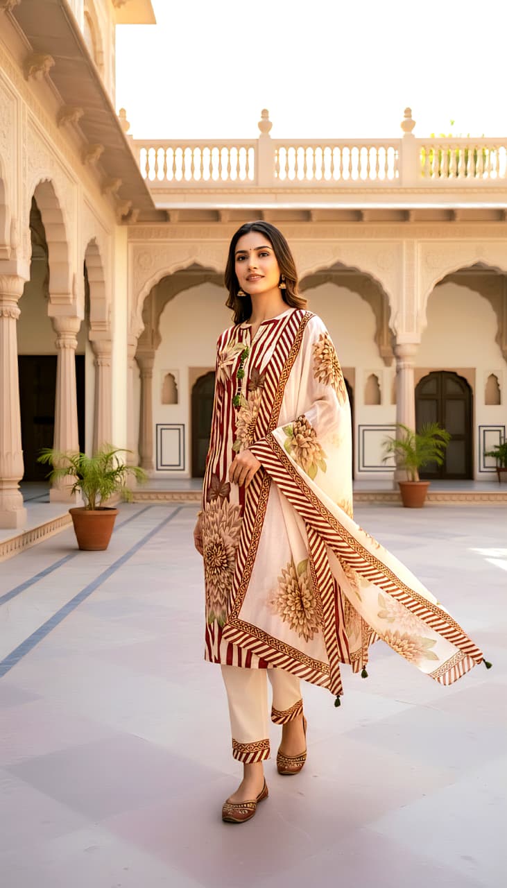 Maroon and Cream Zebra Print Kurta Set with Floral Motifs
