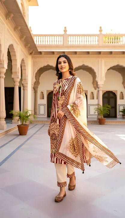 Maroon and Cream Zebra Print Kurta Set with Floral Motifs