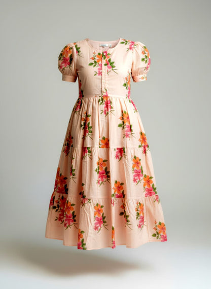 Women's Peach Floral Cotton Tiered Midi Dress