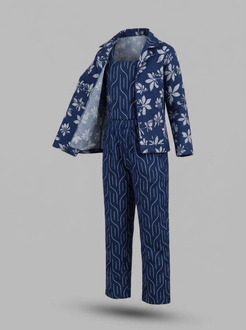 Girls 3-Piece Printed Co-Ord Set with Jacket | Premium Cotton Top, Pant & Jacket Set | Navy Blue