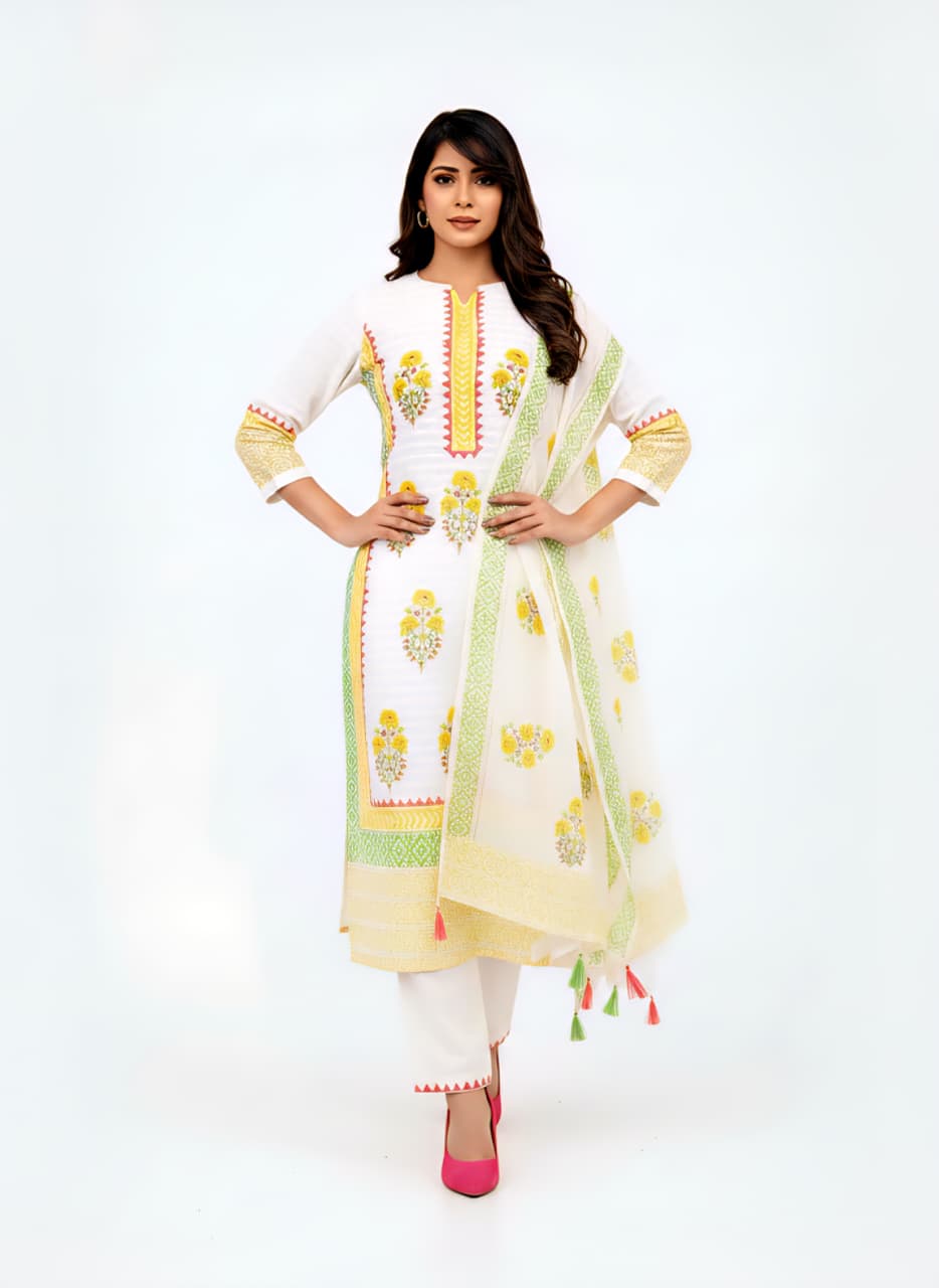 Elegant Ivory & Marigold Floral Cotton Kurta Pant Set with Matching Dupatta