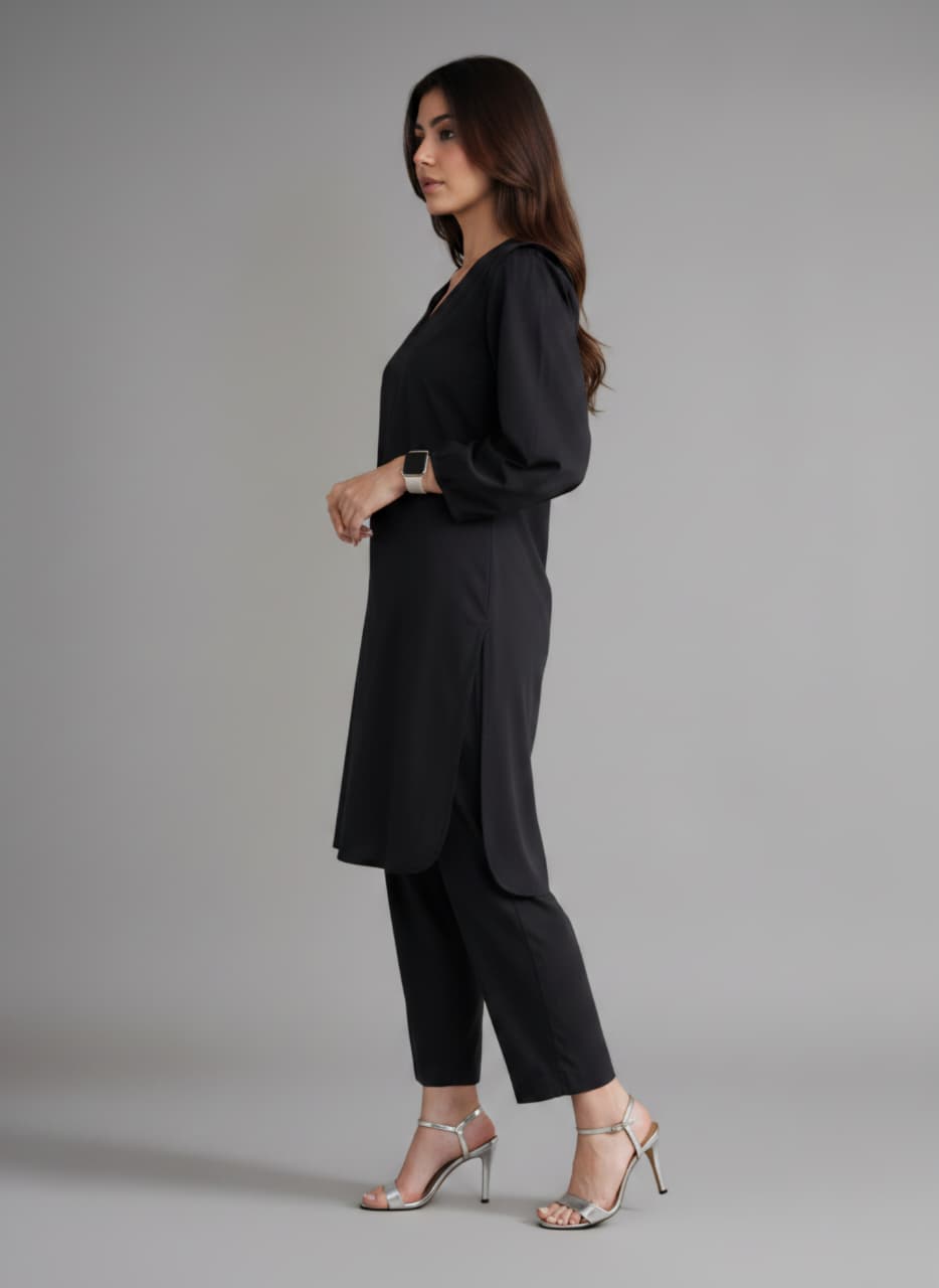 Midnight Black Linen Co-ord Set for Women | V-Neck Kurta & Straight Pants
