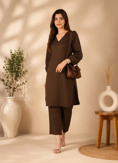 Mocha Brown Linen Co-ord Set for Women | V-Neck Kurta & Straight Pants
