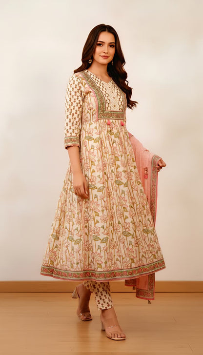 Off-White & Pink Floral Printed Cotton Anarkali Suit Set