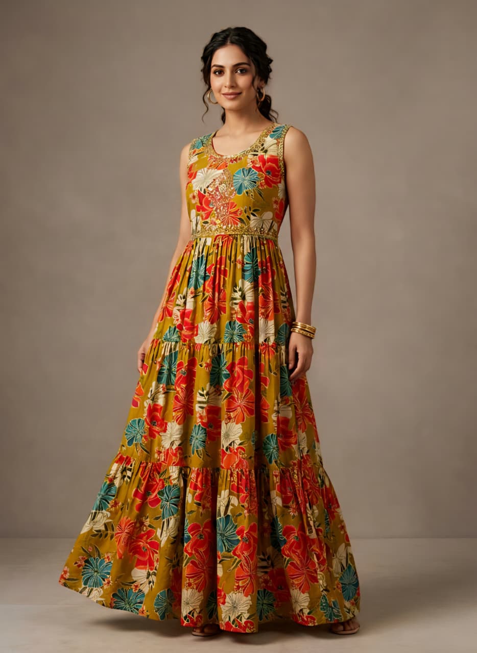 Tropical Floral Tiered Gown