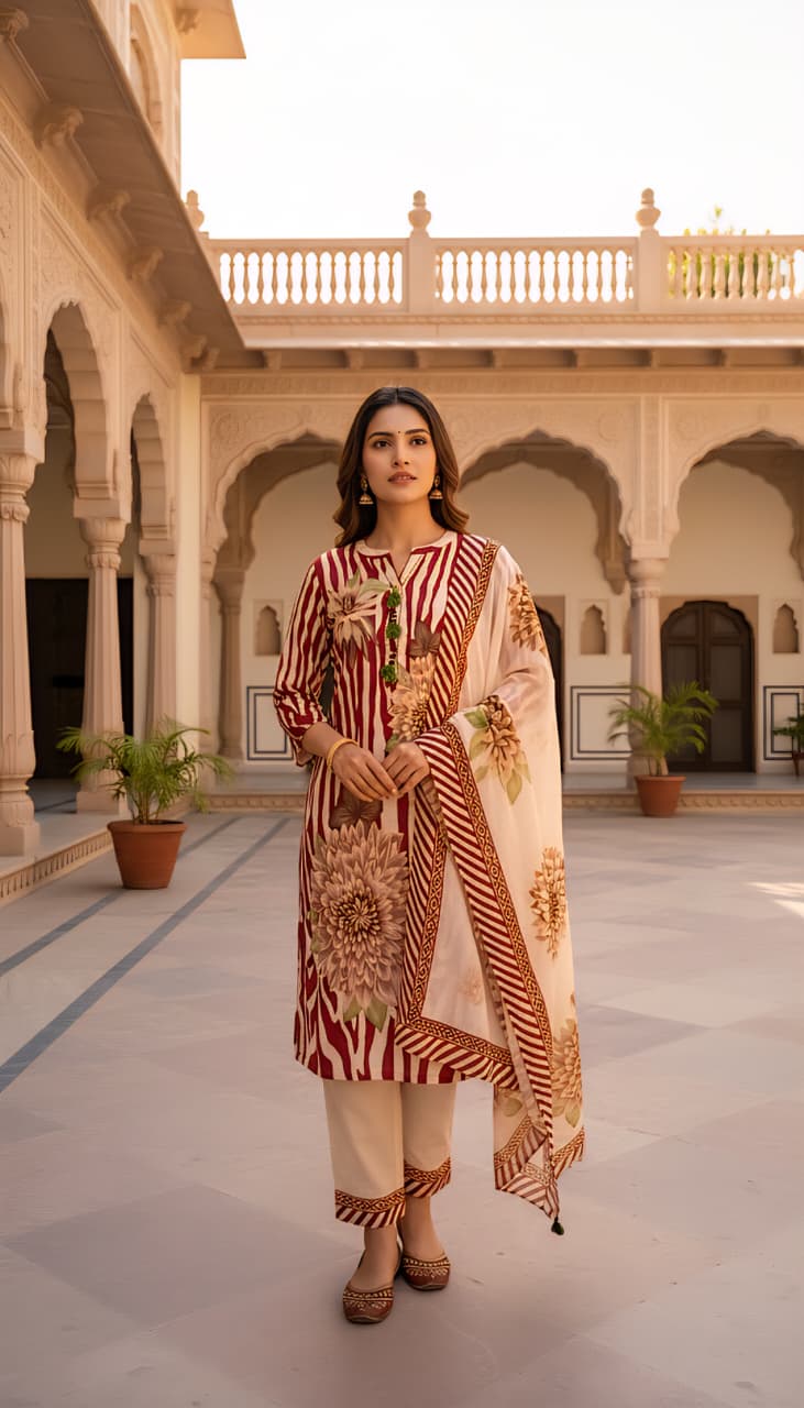 Maroon and Cream Zebra Print Kurta Set with Floral Motifs
