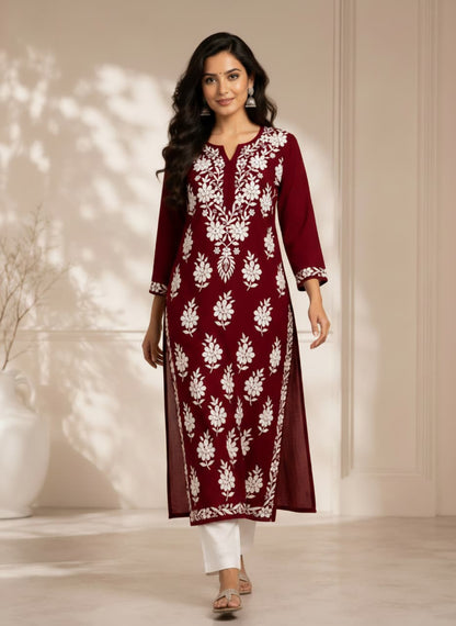 Lucknowi Chikankari Kurti for Women | Maroon Cotton Hand-Embroidered Floral Long Kurti (Copy)