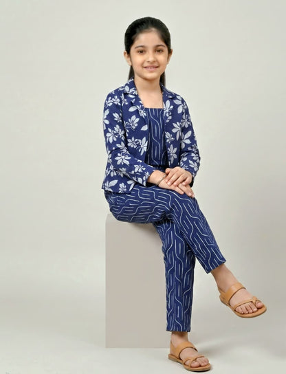 Girls 3-Piece Printed Co-Ord Set with Jacket | Premium Cotton Top, Pant & Jacket Set | Navy Blue