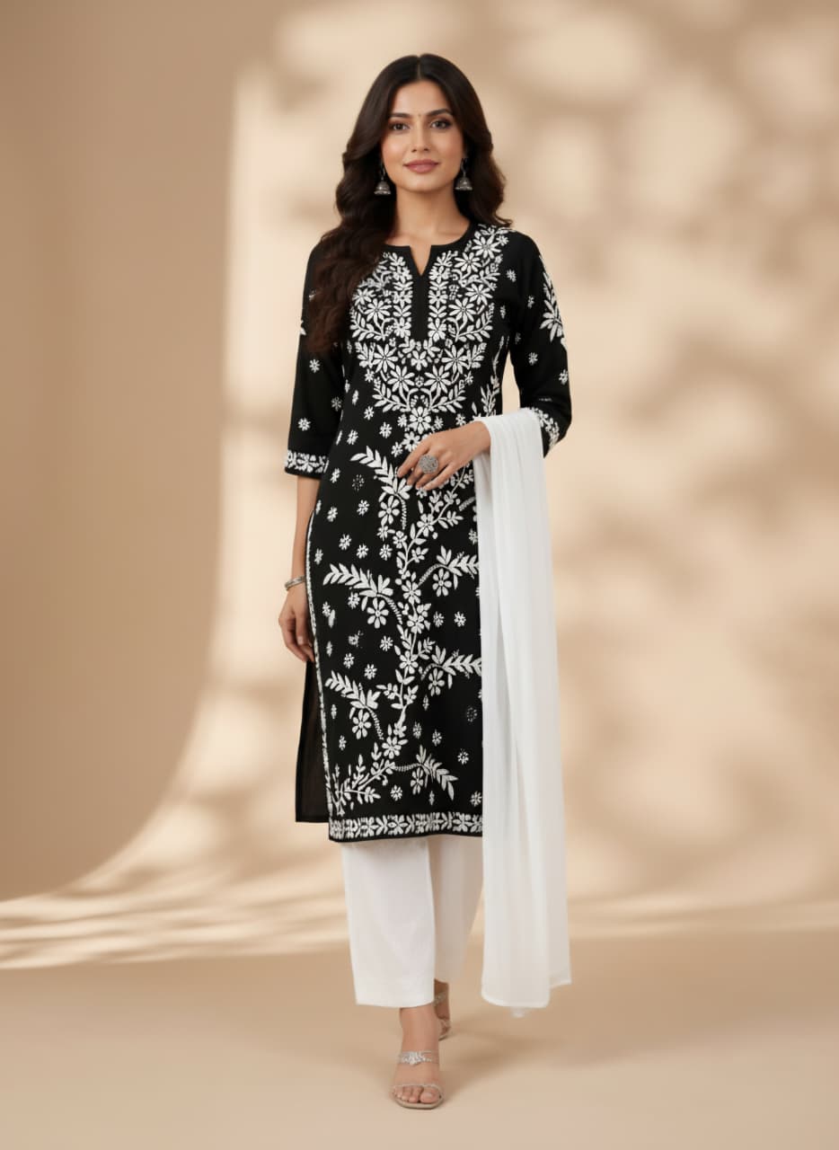 Lucknowi Chikankari Kurti for Women | Black Cotton Hand-Embroidered Floral Long Kurti