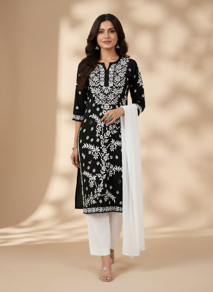 Lucknowi Chikankari Kurti for Women | Black Cotton Hand-Embroidered Floral Long Kurti