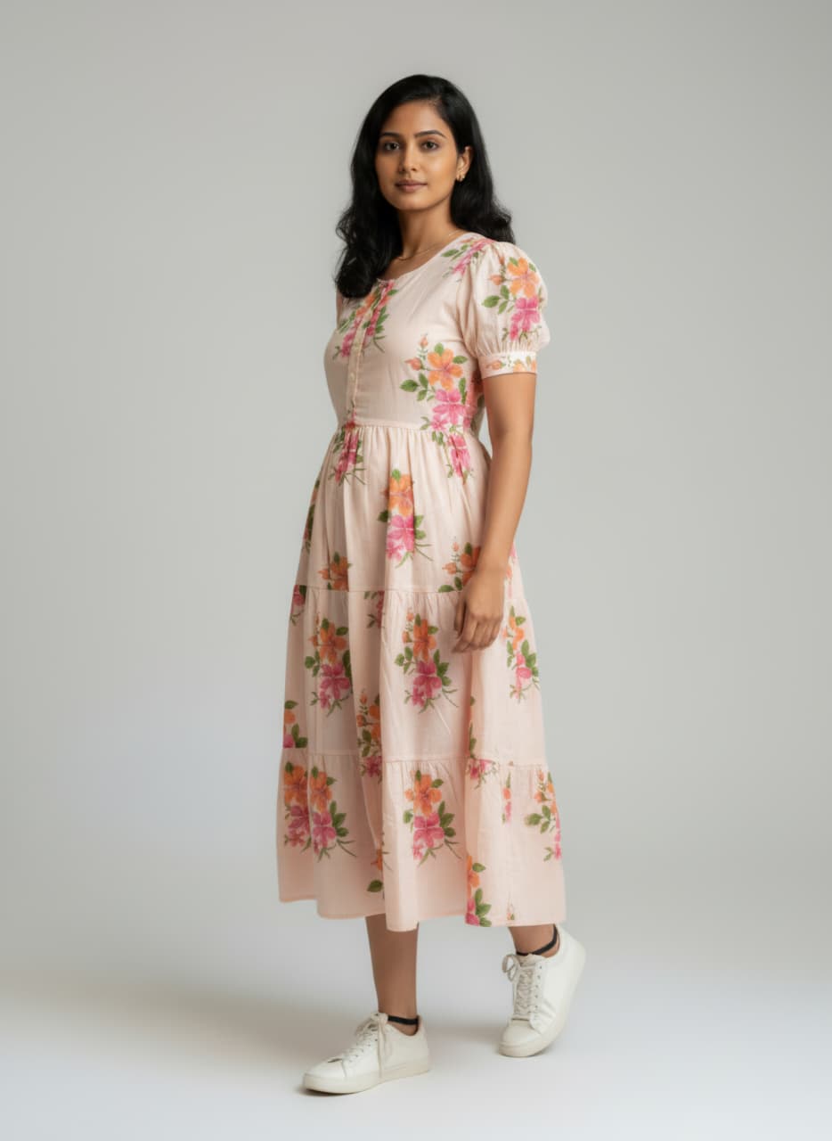 Women's Peach Floral Cotton Tiered Midi Dress