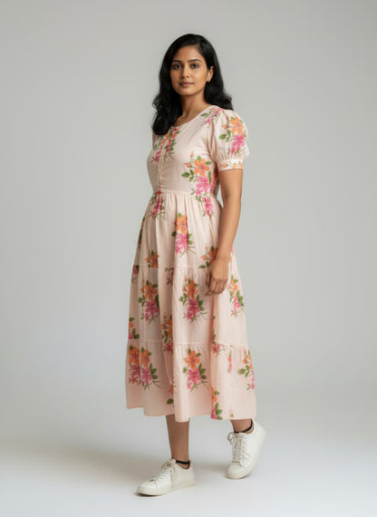 Women's Peach Floral Cotton Tiered Midi Dress