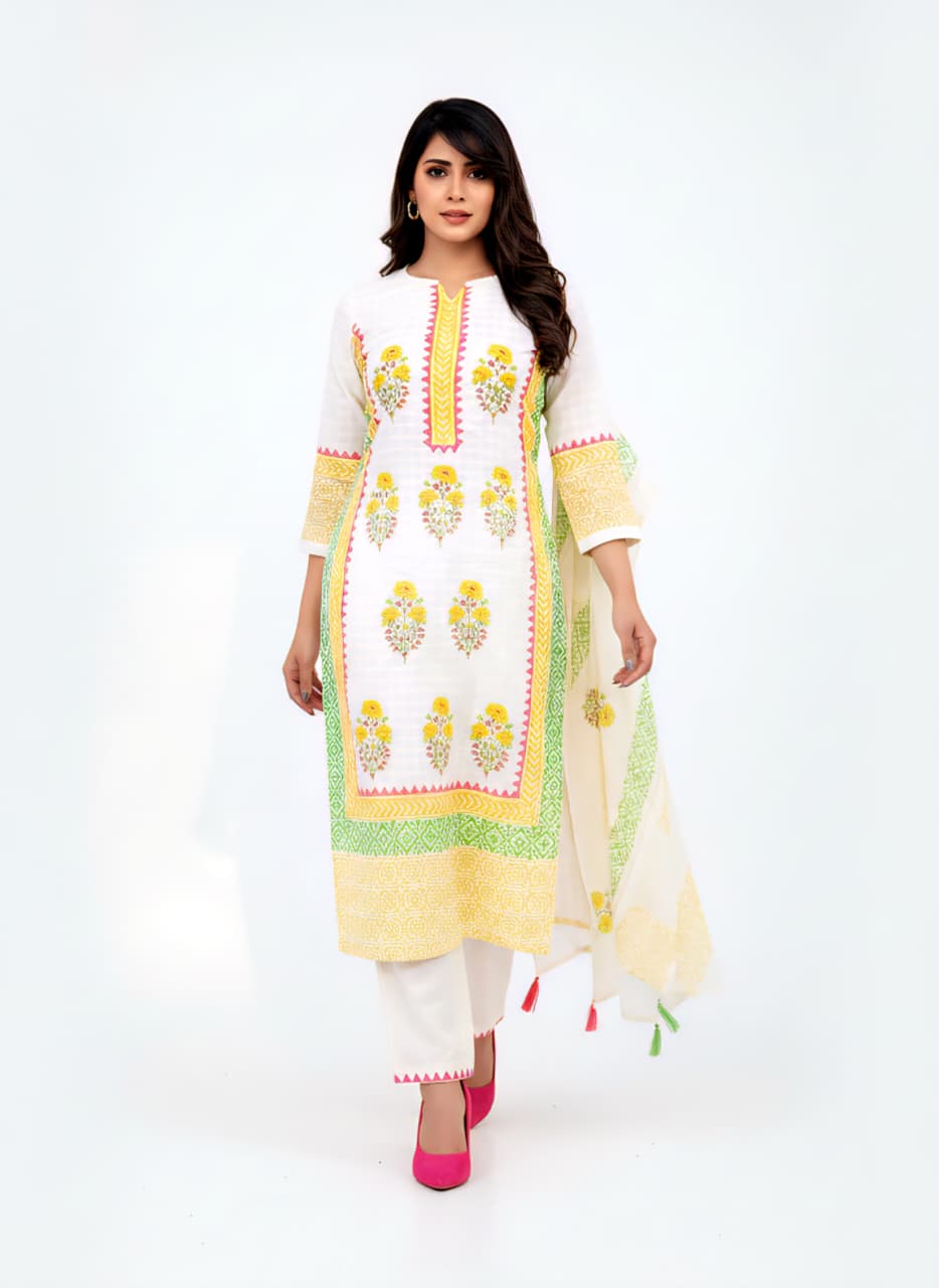 Elegant Ivory & Marigold Floral Cotton Kurta Pant Set with Matching Dupatta