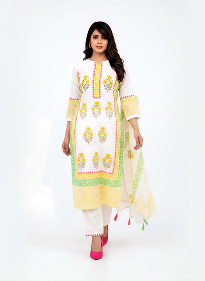 Elegant Ivory & Marigold Floral Cotton Kurta Pant Set with Matching Dupatta