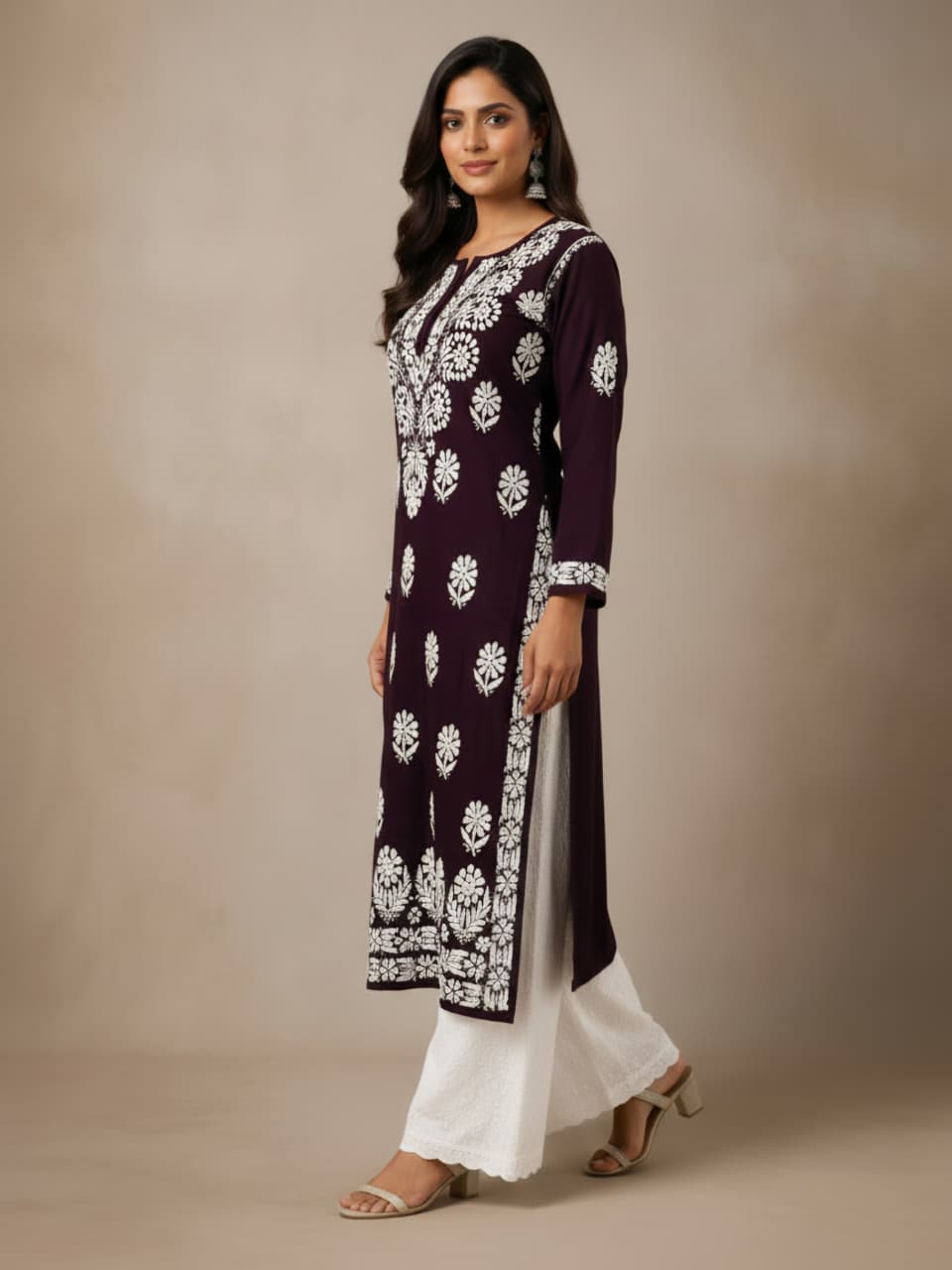 Lucknowi Chikankari Kurti for Women | Dark Brown Cotton Hand-Embroidered Floral Long Kurti
