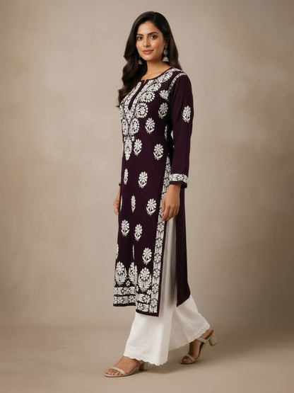 Lucknowi Chikankari Kurti for Women | Dark Brown Cotton Hand-Embroidered Floral Long Kurti