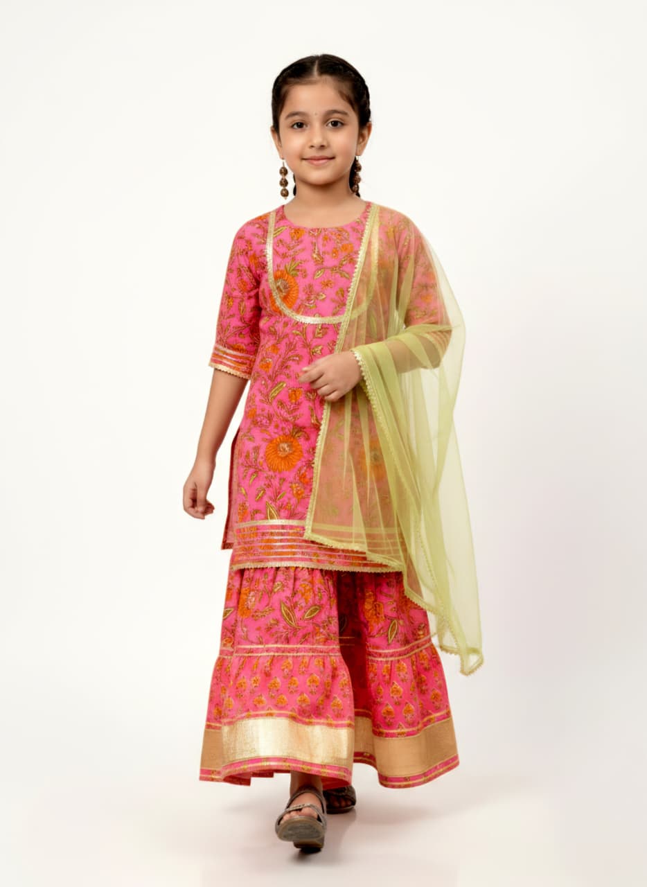 Girls Pink Floral Printed Lehenga Choli with Dupatta | Festive Ethnic Wear