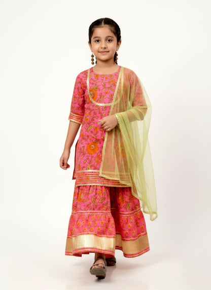 Girls Pink Floral Printed Lehenga Choli with Dupatta | Festive Ethnic Wear